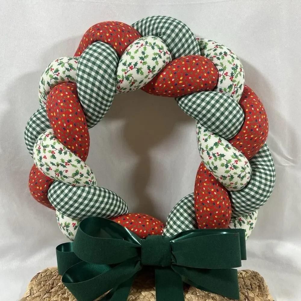 Vintage Christmas Wreath Braided Fabric Plush Hanging Holiday Velvet Green Bow